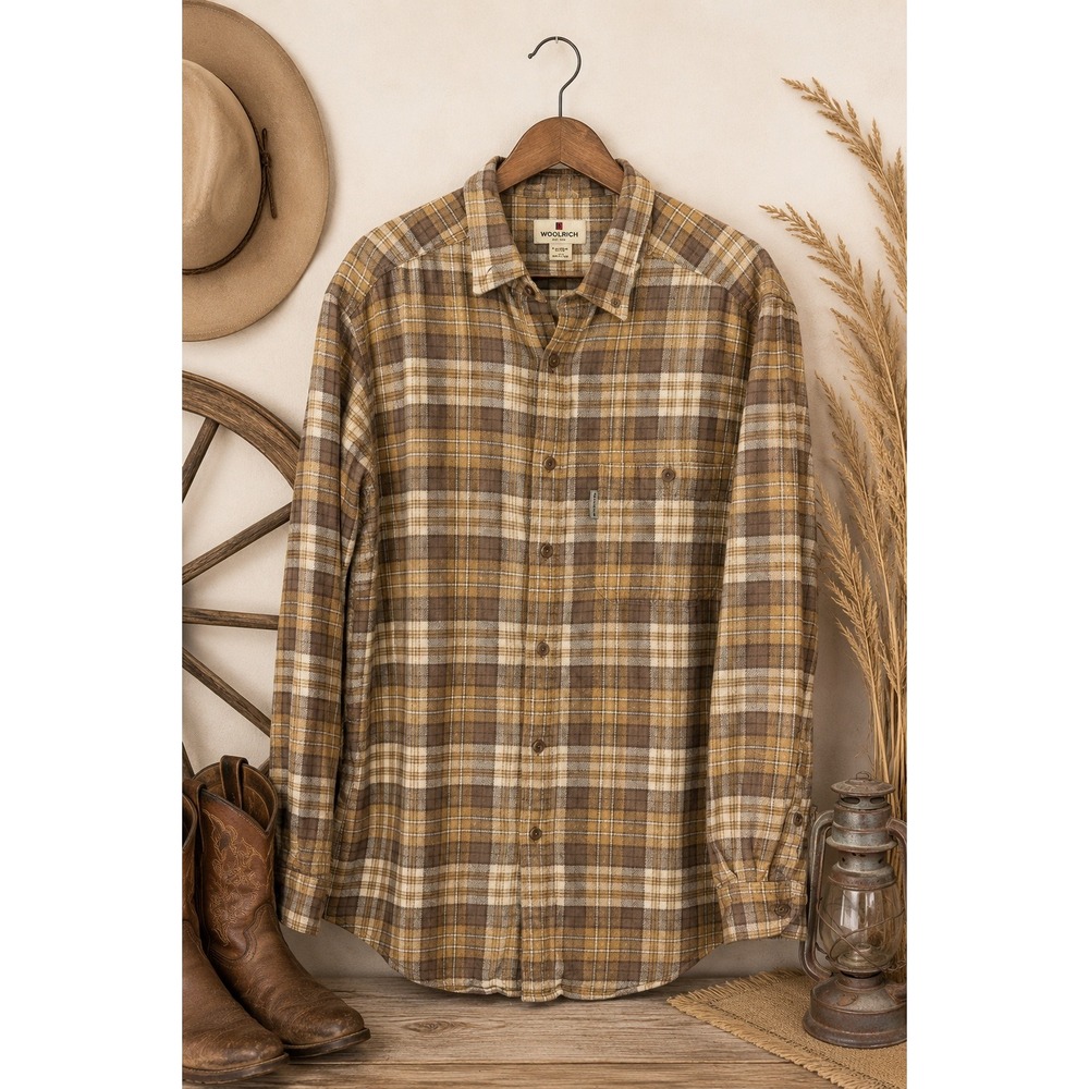 Vintage‎ Woolrich Men's Brown Plaid Flannel Shirt XL Western Cowboy Ranch Rodeo